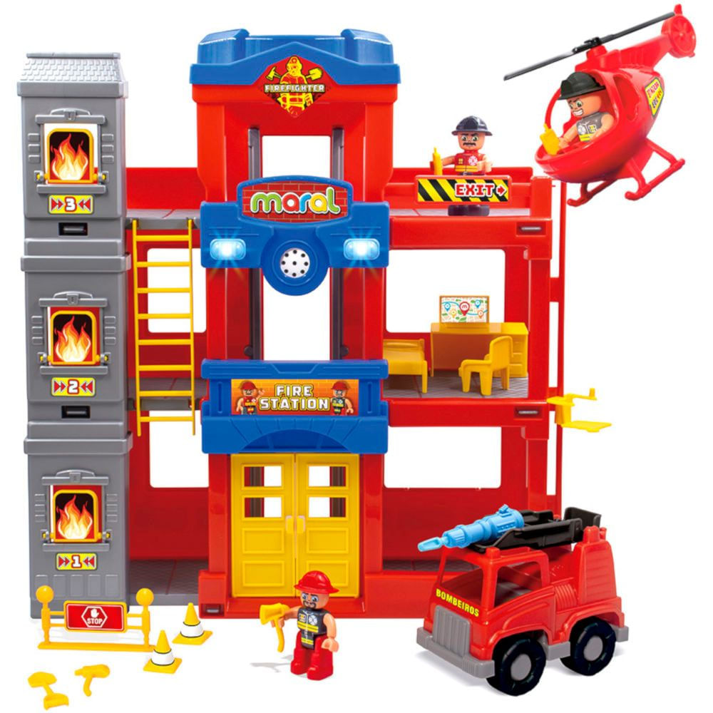 Estação de Bombeiros Maral Fire Station 4059 com Acessórios - VERMELHO/AZUL